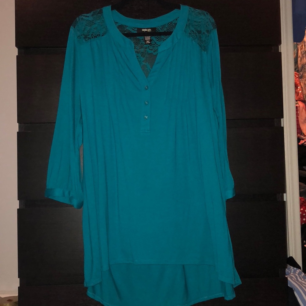 Teal blouse with lace back and shoulders
